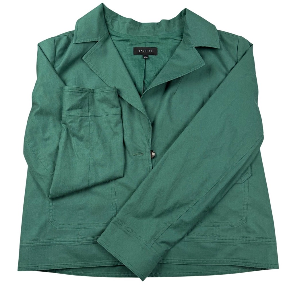 Talbots Womens Green Cotton Blend Utility Jacket Size 14 Button Front Pockets